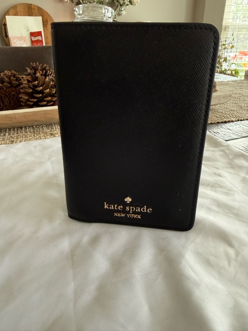 kate spade Black Leather Travel Passport Holder with Gold Logo